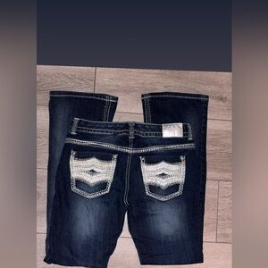 Maurice’s Premium Jeans Size 5/6 Dark Wash Bootcut W/ White Embroidery Accents